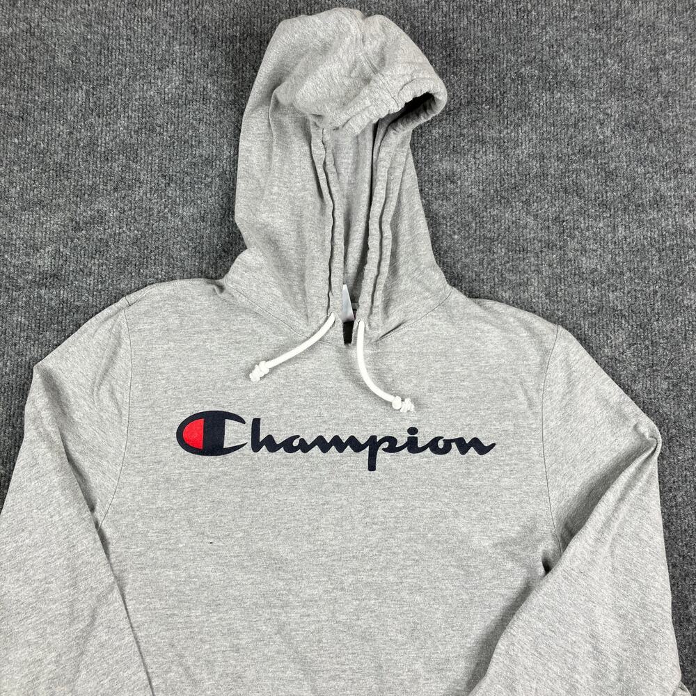 Champion Hoodie Mens M Gray Pullover Logo Athletic Casual Sweatshirt